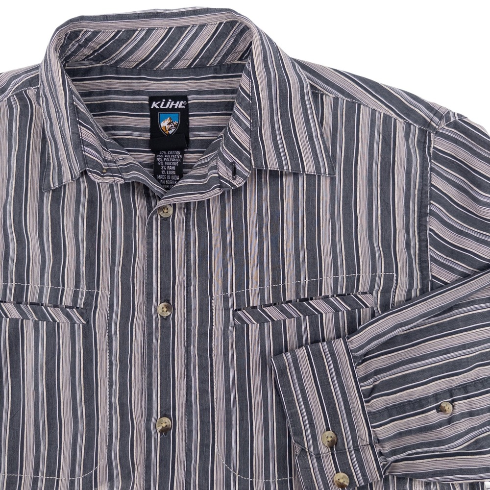 KUHL Mens Med Athletik Fit Button Up Long Sleeve Shirt Striped Gray Linen Blend